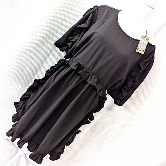 NWT! BOO HOO! EXTREME RUFFLE BLACK MIDI LENGTH SMOCK STYLE DRESS! SZ 14 - Picture 9 of 9